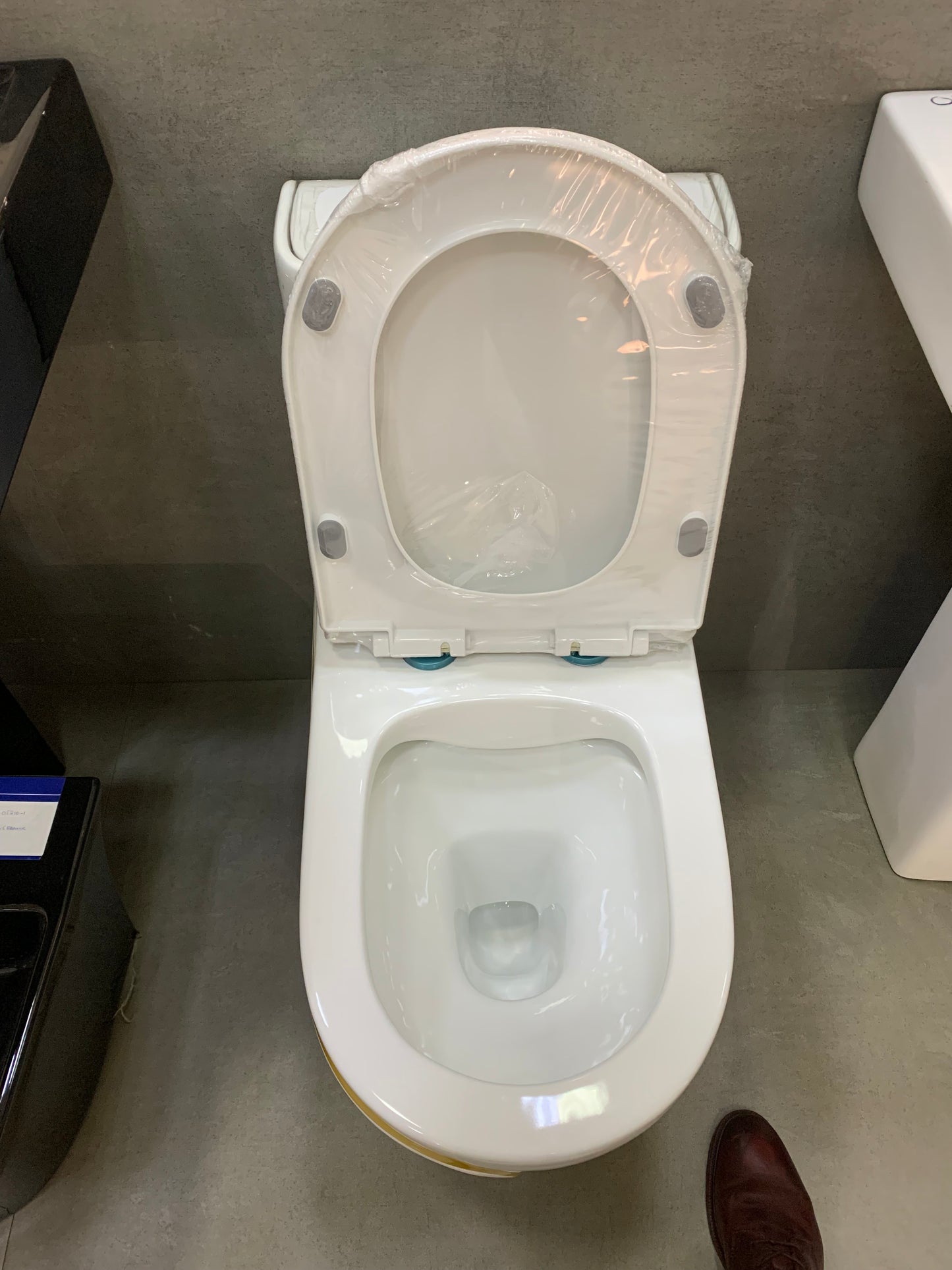 White and gold bowl shaped one piece toilet